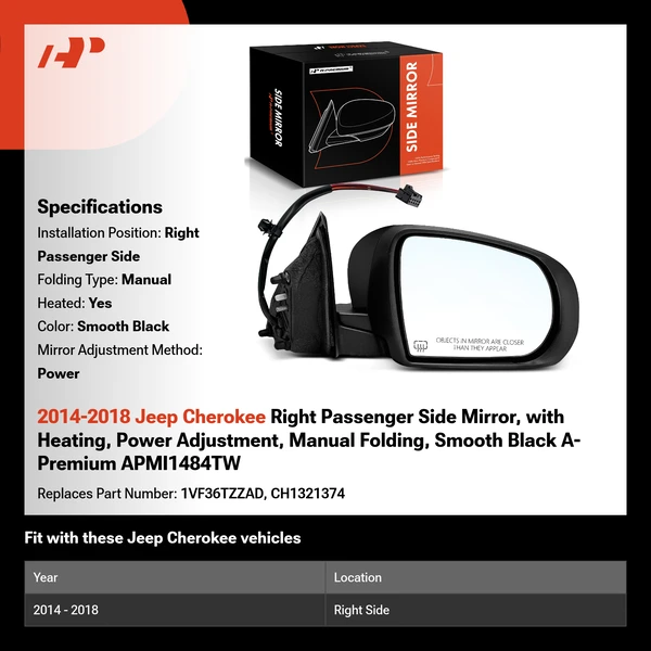 2014-2018 Jeep Cherokee Right Passenger Side Mirror, with Heating, Power Adjustment, Manual Folding, Smooth Black A-Premium APMI1484TW