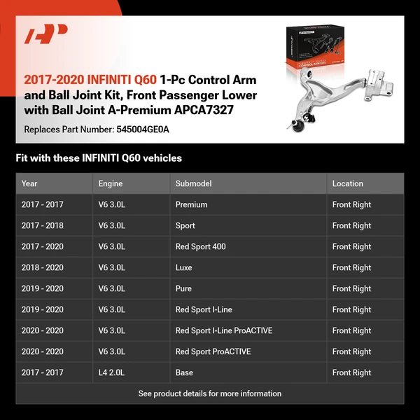 2017-2020 INFINITI Q60 1-Pc Control Arm and Ball Joint Kit, Front Passenger Lower with Ball Joint A-Premium APCA7327
