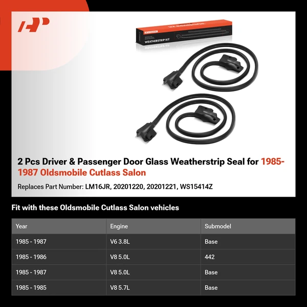 2 Pcs Driver & Passenger Door Glass Weatherstrip Seal for 1985-1987 Oldsmobile Cutlass Salon