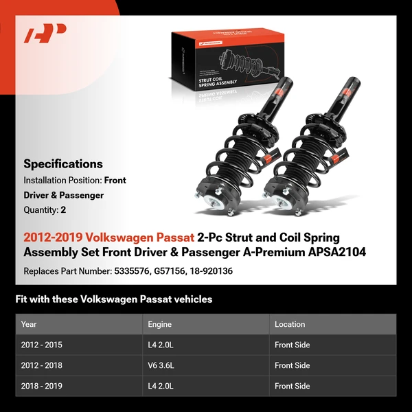 2012-2019 Volkswagen Passat 2-Pc Strut and Coil Spring Assembly Set Front Driver & Passenger A-Premium APSA2104