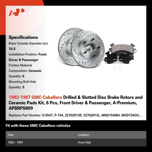 1982-1987 GMC Caballero Drilled & Slotted Disc Brake Rotors and Ceramic Pads Kit, 6 Pcs, Front Driver & Passenger, A-Premium, APBRPS809