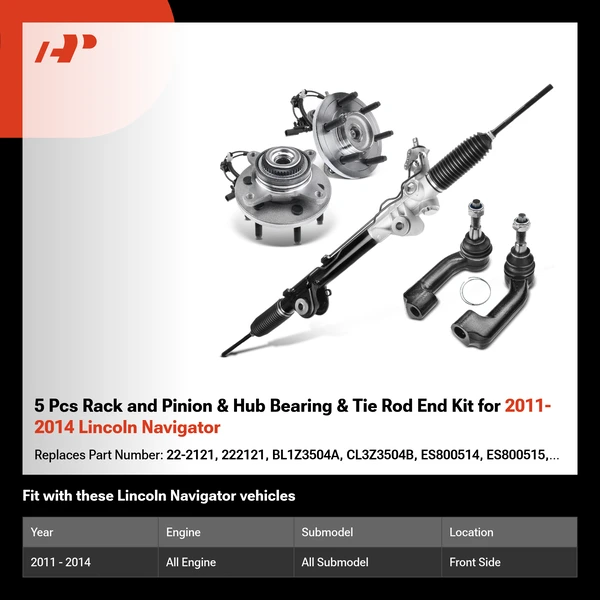 5 Pcs Rack and Pinion & Hub Bearing & Tie Rod End Kit for 2011-2014 Lincoln Navigator