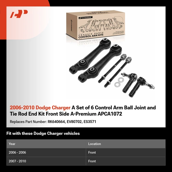 2006-2010 Dodge Charger A Set of 6 Control Arm Ball Joint and Tie Rod End Kit Front Side A-Premium APCA1072