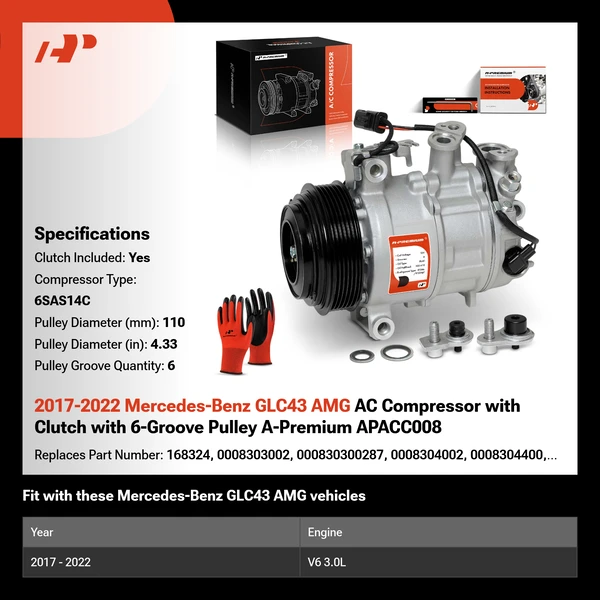 2017-2022 Mercedes-Benz GLC43 AMG AC Compressor with Clutch with 6-Groove Pulley A-Premium APACC008