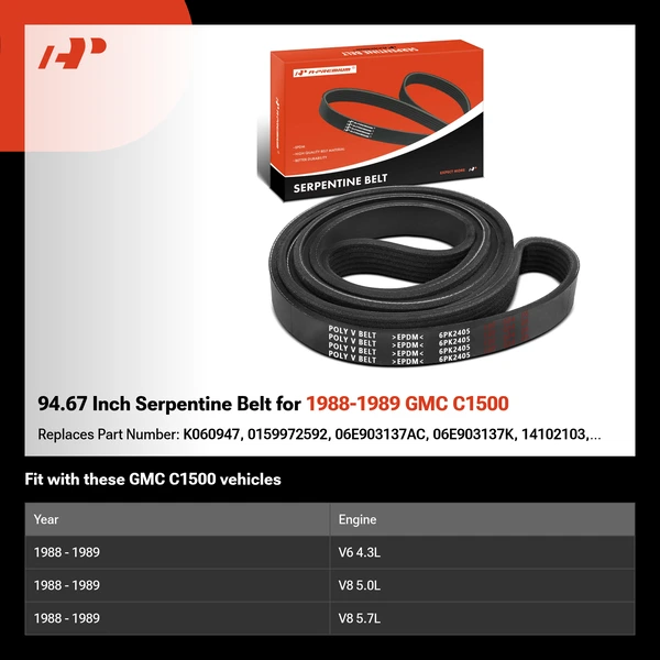 94.67 Inch Serpentine Belt for 1988-1989 GMC C1500