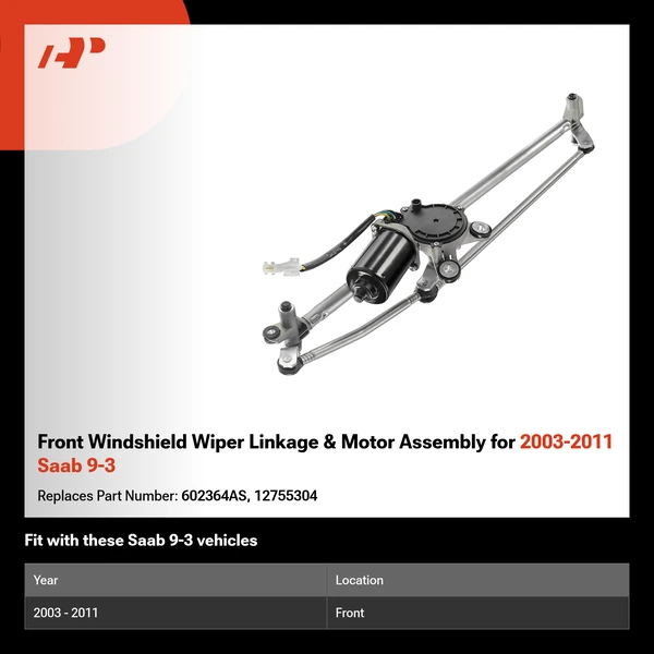 Front Windshield Wiper Linkage & Motor Assembly for 2003-2011 Saab 9-3
