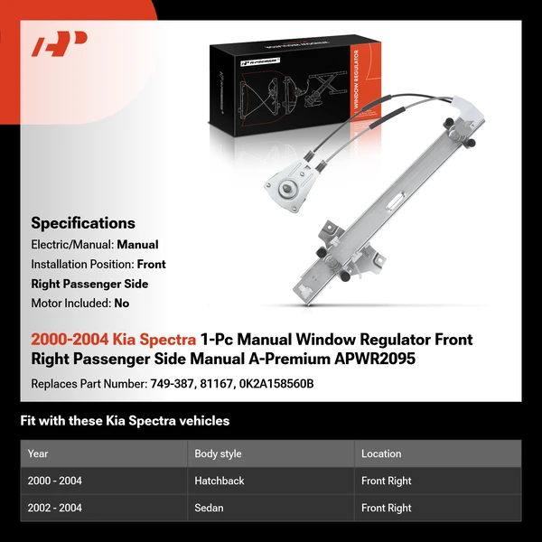 2000-2004 Kia Spectra 1-Pc Manual Window Regulator Front Right Passenger Side Manual A-Premium APWR2095