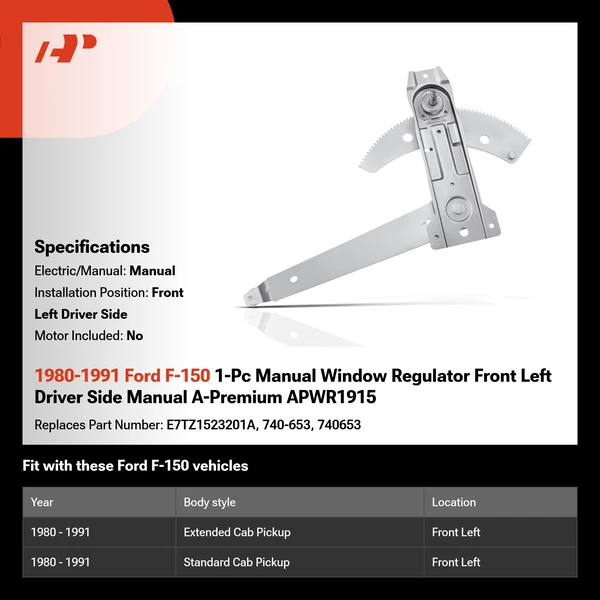 1980-1991 Ford F-150 1-Pc Manual Window Regulator Front Left Driver Side Manual A-Premium APWR1915