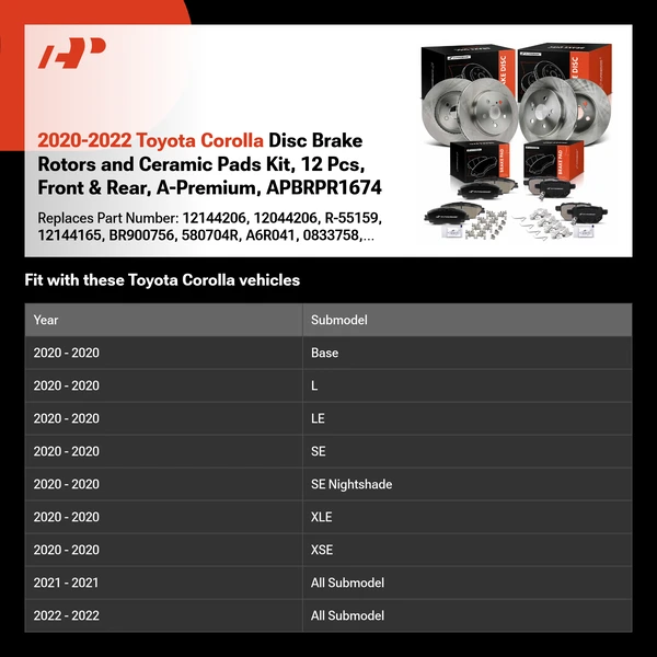 2020-2022 Toyota Corolla Disc Brake Rotors and Ceramic Pads Kit, 12 Pcs, Front & Rear, A-Premium, APBRPR1674