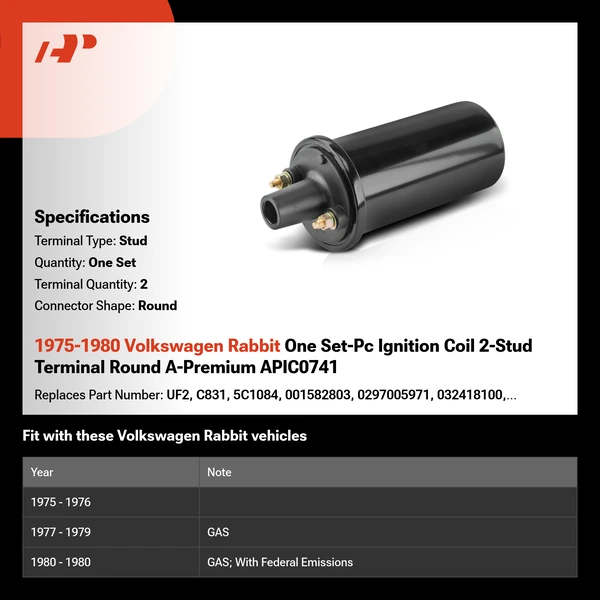 1975-1980 Volkswagen Rabbit One Set-Pc Ignition Coil 2-Stud Terminal Round A-Premium APIC0741