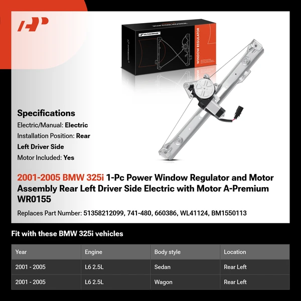 2001-2005 BMW 325i 1-Pc Power Window Regulator and Motor Assembly Rear Left Driver Side Electric with Motor A-Premium WR0155