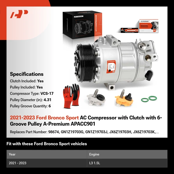 2021-2023 Ford Bronco Sport AC Compressor with Clutch with 6-Groove Pulley A-Premium APACC901