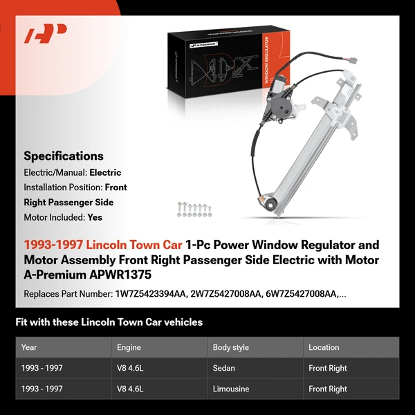 1993-1997 Lincoln Town Car 1-Pc Power Window Regulator and Motor Assembly Front Right Passenger Side Electric with Motor A-Premium APWR1375