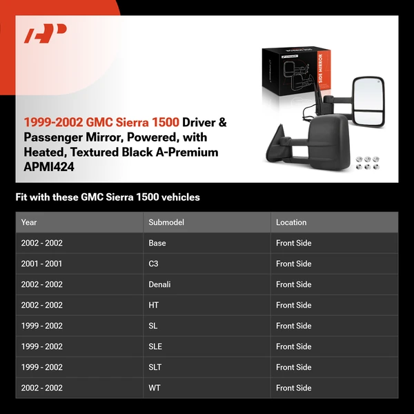 1999-2002 GMC Sierra 1500 Driver & Passenger Mirror, Powered, with Heated, Textured Black A-Premium APMI424