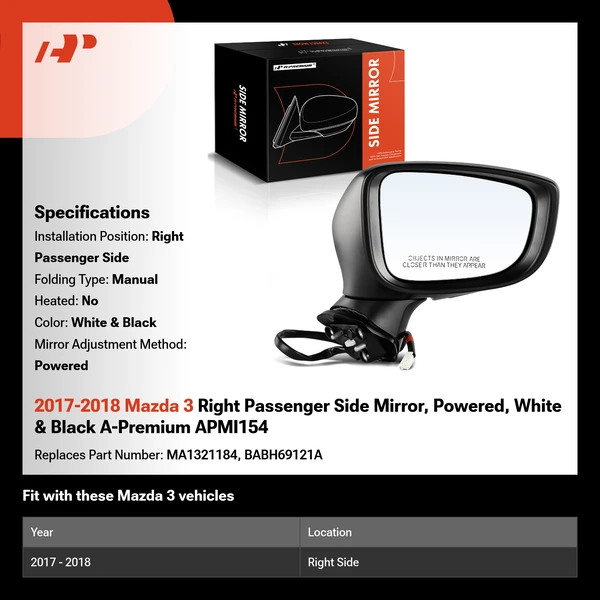2017-2018 Mazda 3 Right Passenger Side Mirror, Powered, White & Black A-Premium APMI154
