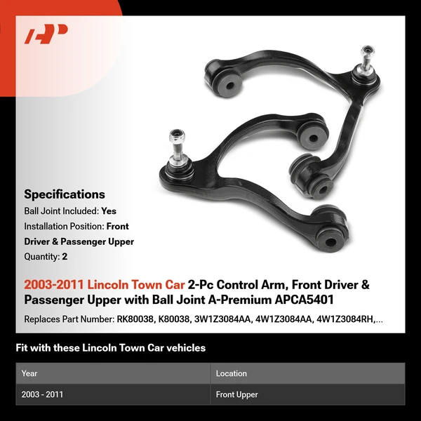 2003-2011 Lincoln Town Car 2-Pc Control Arm, Front Driver & Passenger Upper with Ball Joint A-Premium APCA5401