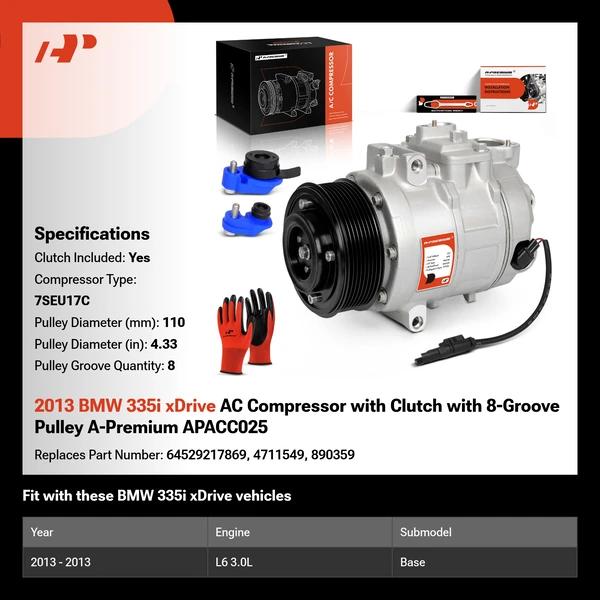 2013 BMW 335i xDrive AC Compressor with Clutch with 8-Groove Pulley A-Premium APACC025