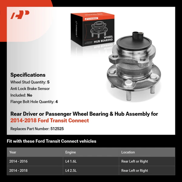 Rear Driver or Passenger Wheel Bearing & Hub Assembly for 2014-2018 Ford Transit Connect