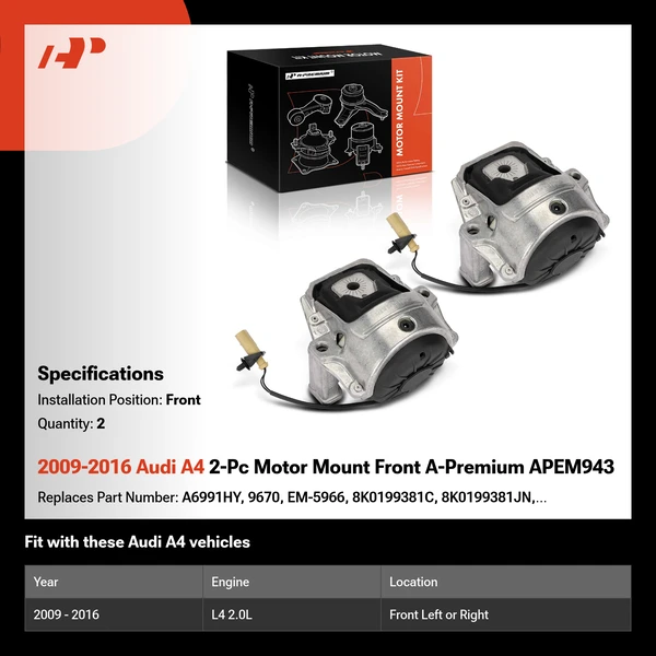 2009-2016 Audi A4 2-Pc Motor Mount Front A-Premium APEM943