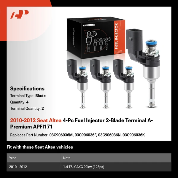 2010-2012 Seat Altea 4-Pc Fuel Injector 2-Blade Terminal A-Premium APFI171
