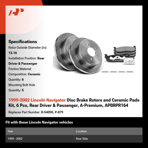 1999-2002 Lincoln Navigator Disc Brake Rotors and Ceramic Pads Kit, 6 Pcs, Rear Driver & Passenger, A-Premium, APBRPR164