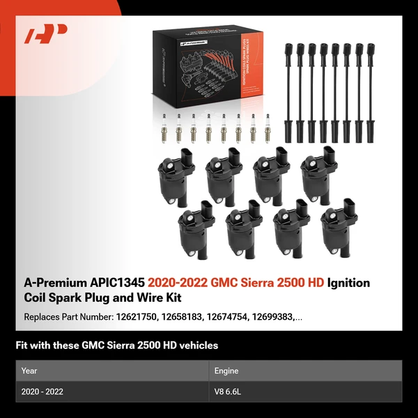A-Premium APIC1345 2020-2022 GMC Sierra 2500 HD Ignition Coil Spark Plug and Wire Kit