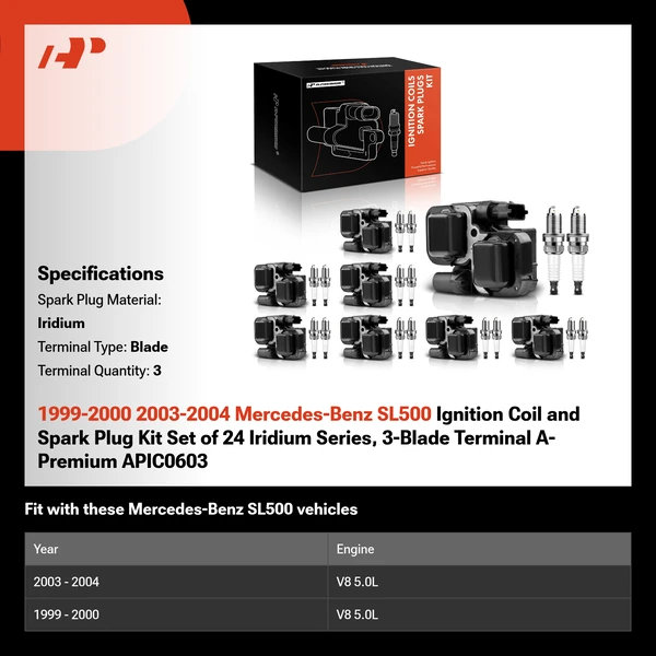 1999-2000 2003-2004 Mercedes-Benz SL500 Ignition Coil and Spark Plug Kit Set of 24 Iridium Series, 3-Blade Terminal A-Premium APIC0603