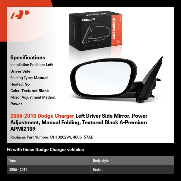 2006-2010 Dodge Charger Left Driver Side Mirror, Power Adjustment, Manual Folding, Textured Black A-Premium APMI2109