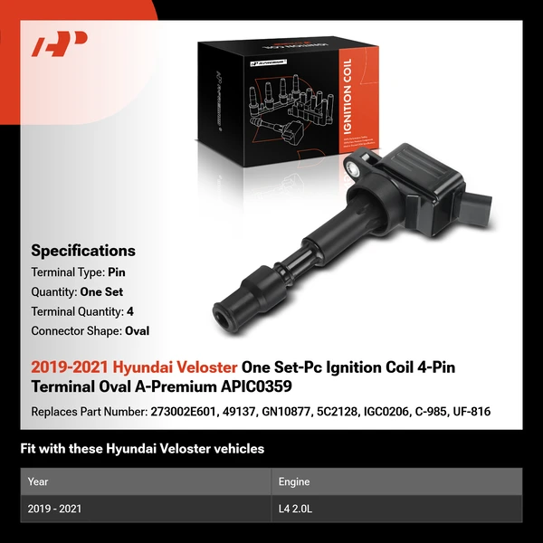 2019-2021 Hyundai Veloster One Set-Pc Ignition Coil 4-Pin Terminal Oval A-Premium APIC0359