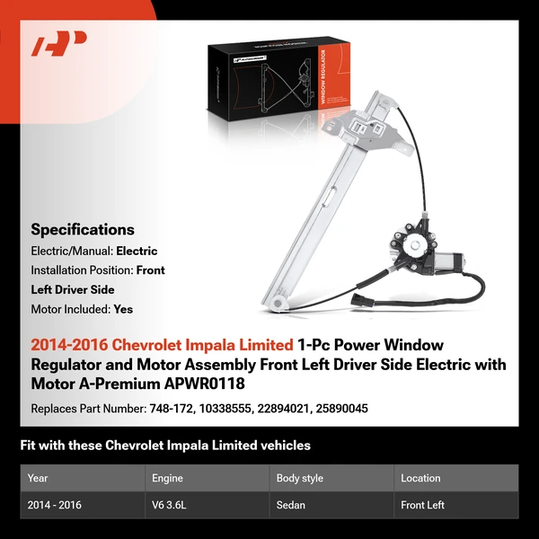 2014-2016 Chevrolet Impala Limited 1-Pc Power Window Regulator and Motor Assembly Front Left Driver Side Electric with Motor A-Premium APWR0118