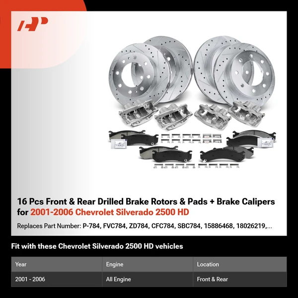 16 Pcs Front & Rear Drilled Brake Rotors & Pads + Brake Calipers for 2001-2006 Chevrolet Silverado 2500 HD