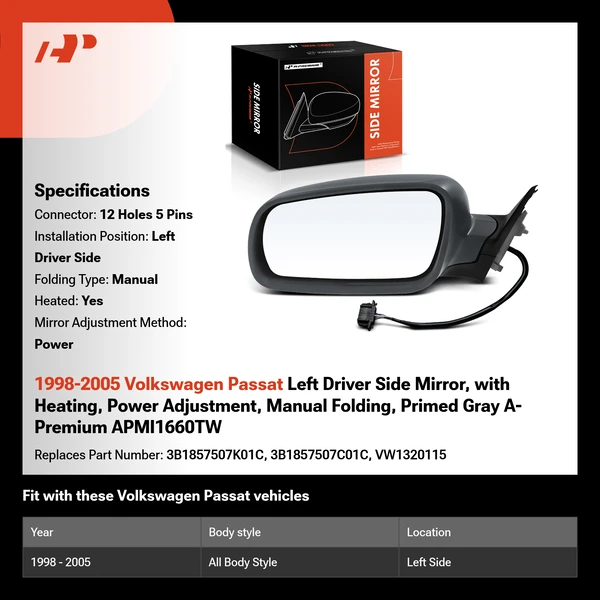 1998-2005 Volkswagen Passat Left Driver Side Mirror, with Heating, Power Adjustment, Manual Folding, Primed Gray A-Premium APMI1660TW
