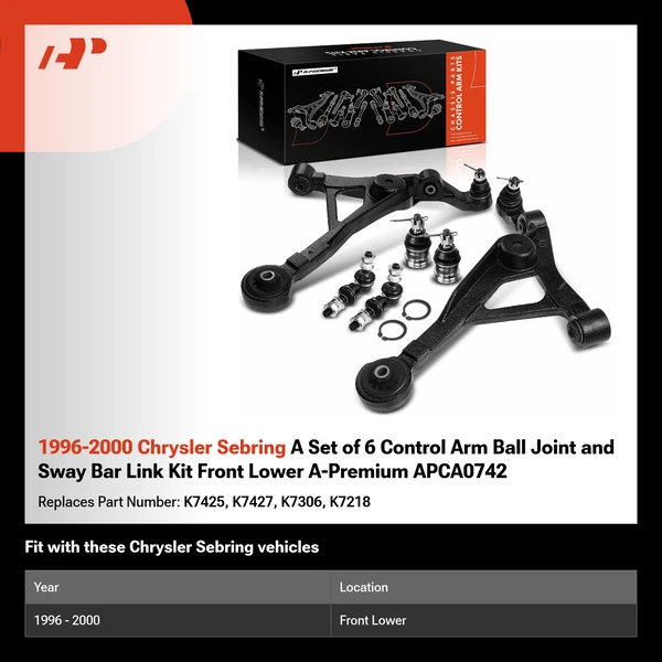 1996-2000 Chrysler Sebring A Set of 6 Control Arm Ball Joint and Sway Bar Link Kit Front Lower A-Premium APCA0742