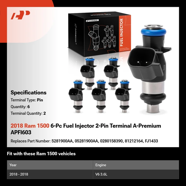 2018 Ram 1500 6-Pc Fuel Injector 2-Pin Terminal A-Premium APFI603