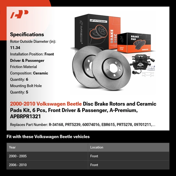 2000-2010 Volkswagen Beetle Disc Brake Rotors and Ceramic Pads Kit, 6 Pcs, Front Driver & Passenger, A-Premium, APBRPR1321