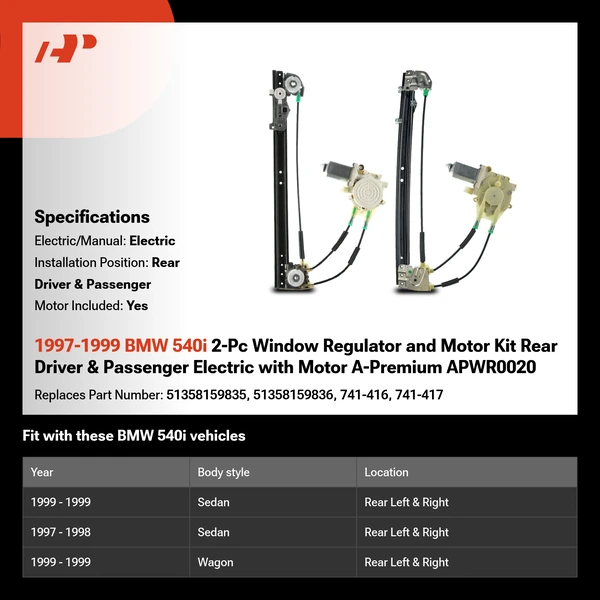1997-1999 BMW 540i 2-Pc Window Regulator and Motor Kit Rear Driver & Passenger Electric with Motor A-Premium APWR0020