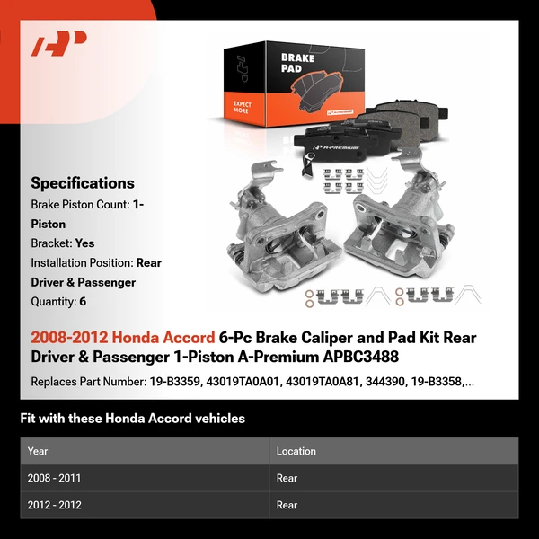 2008-2012 Honda Accord 6-Pc Brake Caliper and Pad Kit Rear Driver & Passenger 1-Piston A-Premium APBC3488