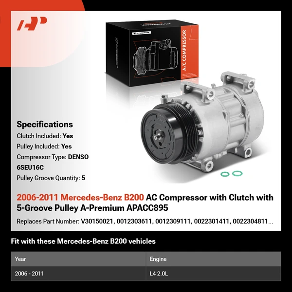 2006-2011 Mercedes-Benz B200 AC Compressor with Clutch with 5-Groove Pulley A-Premium APACC895