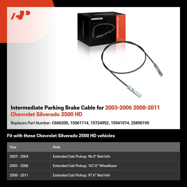 Intermediate Parking Brake Cable for 2003-2006 2008-2011 Chevrolet Silverado 2500 HD