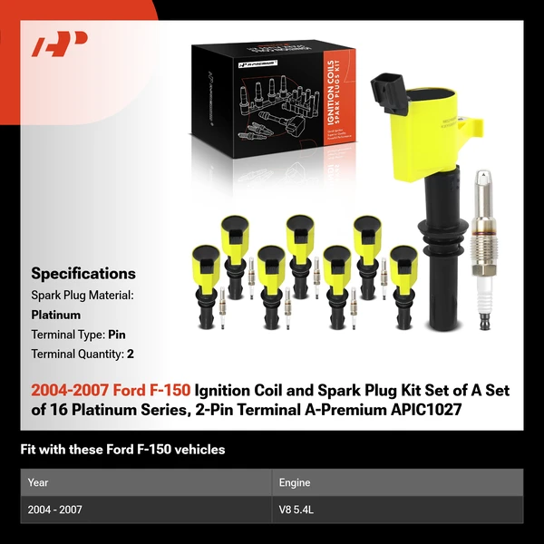 2004-2007 Ford F-150 Ignition Coil and Spark Plug Kit Set of A Set of 16 Platinum Series, 2-Pin Terminal A-Premium APIC1027