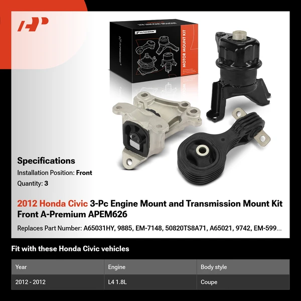2012 Honda Civic 3-Pc Engine Mount and Transmission Mount Kit Front A-Premium APEM626