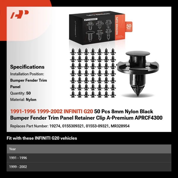 1991-1996 1999-2002 INFINITI G20 50 Pcs 8mm Nylon Black Bumper Fender Trim Panel Retainer Clip A-Premium APRCF4300