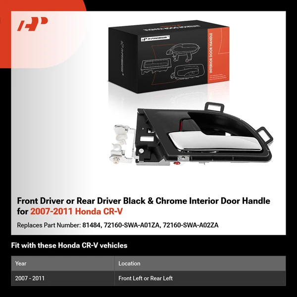 Front Driver or Rear Driver Black & Chrome Interior Door Handle for 2007-2011 Honda CR-V