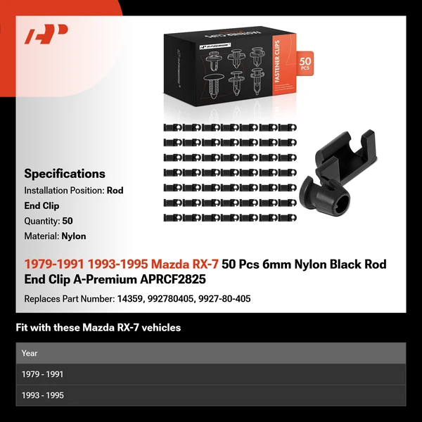 1979-1991 1993-1995 Mazda RX-7 50 Pcs 6mm Nylon Black Rod End Clip A-Premium APRCF2825
