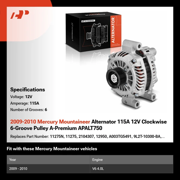 2009-2010 Mercury Mountaineer Alternator 115A 12V Clockwise 6-Groove Pulley A-Premium APALT750