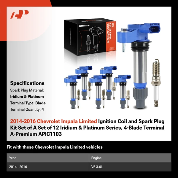 2014-2016 Chevrolet Impala Limited Ignition Coil and Spark Plug Kit Set of A Set of 12 Iridium & Platinum Series, 4-Blade Terminal A-Premium APIC1103