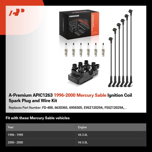 A-Premium APIC1263 1996-2000 Mercury Sable Ignition Coil Spark Plug and Wire Kit