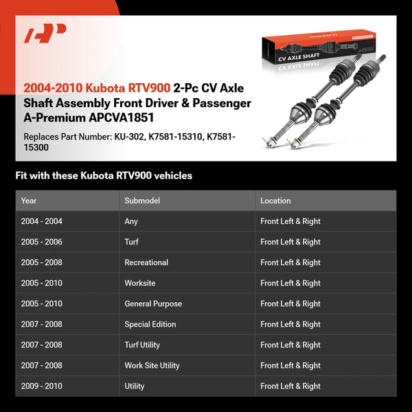 2004-2010 Kubota RTV900 2-Pc CV Axle Shaft Assembly Front Driver & Passenger A-Premium APCVA1851