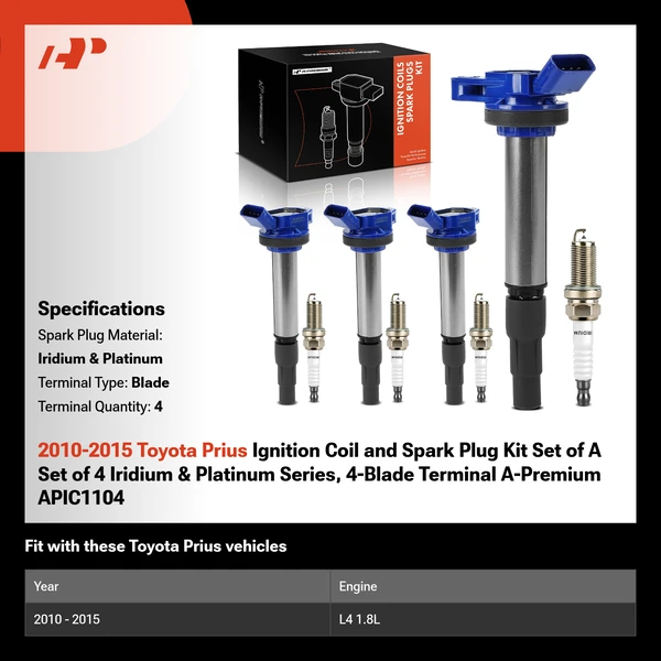 2010-2015 Toyota Prius Ignition Coil and Spark Plug Kit Set of A Set of 4 Iridium & Platinum Series, 4-Blade Terminal A-Premium APIC1104