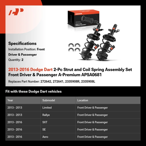 2013-2016 Dodge Dart 2-Pc Strut and Coil Spring Assembly Set Front Driver & Passenger A-Premium APSA0681